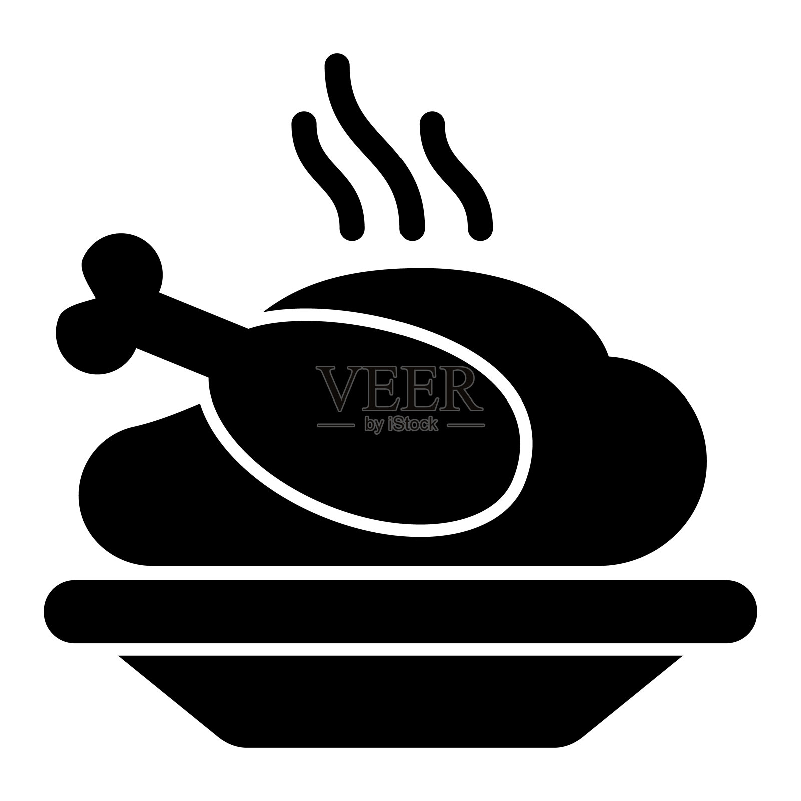 烤鸡在盘子固体图标，圣诞节概念，鸡烧烤标志在白色背景，烤火鸡图标在字形风格移动概念网页设计。矢量图形。插画图片素材