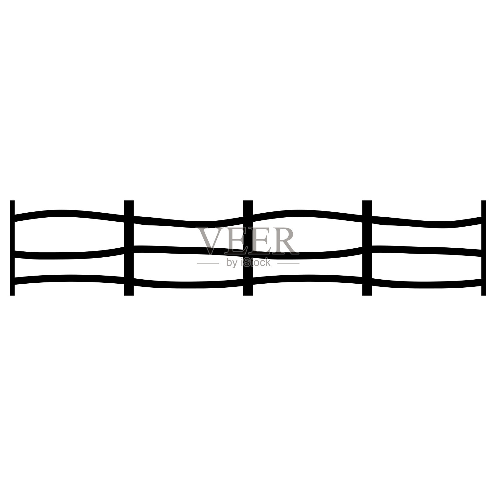 黑色木栅栏剪影孤立在白色的背景。装饰木桩栅栏部分设计。矢量平面黑色花园尖桩栅栏设计。矢量木纠察队设计。无缝的边界。插画图片素材