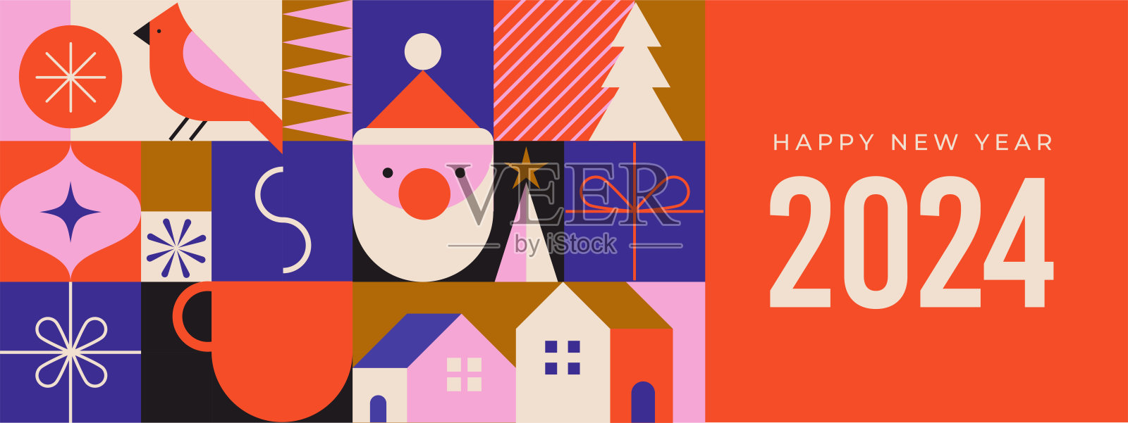 简单的圣诞背景，优雅的几何极简风格。新年快乐的横幅。雪花、装饰品和圣诞树元素。复古洁净概念设计插画图片素材