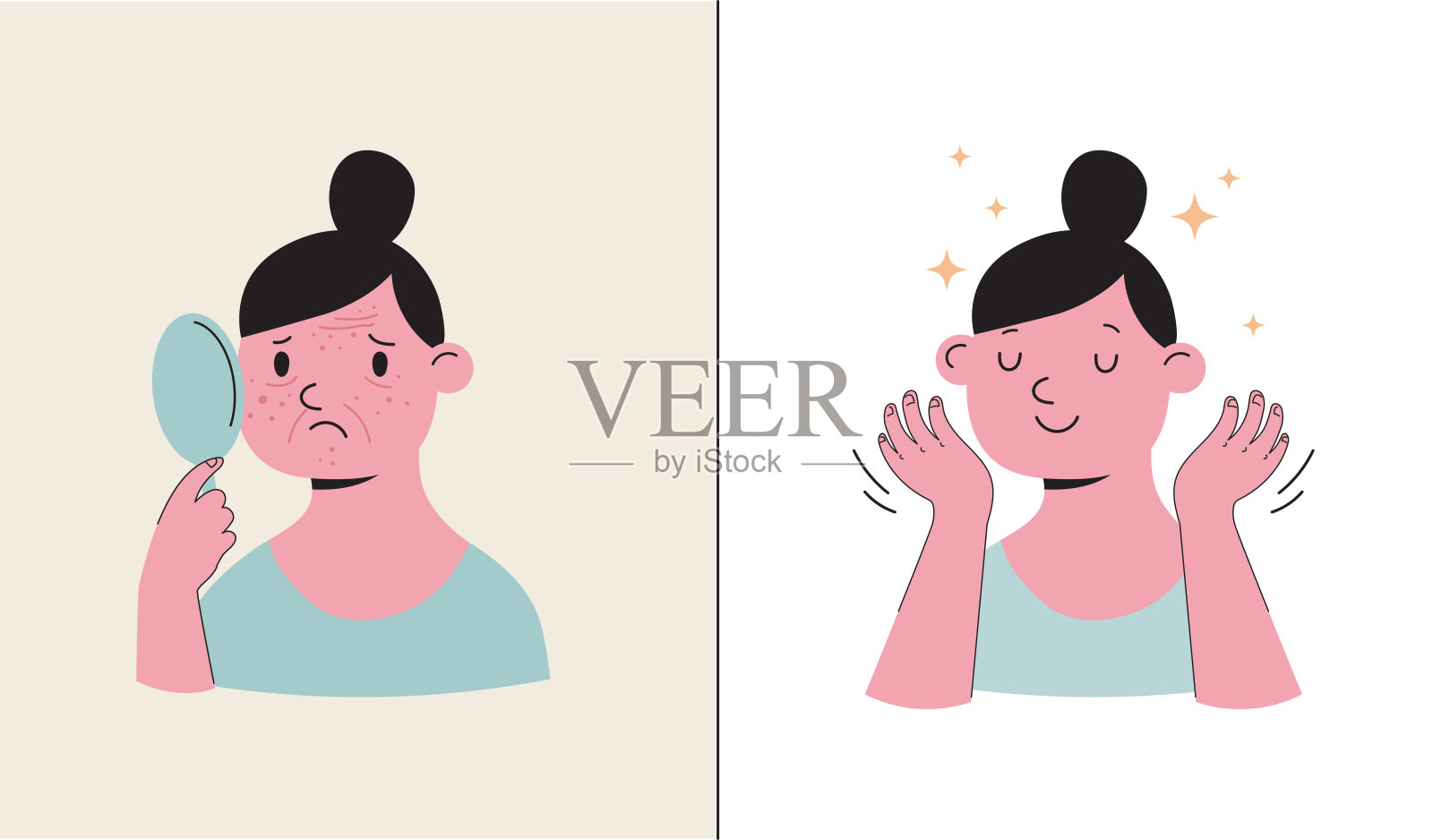 护肤程序插图与可爱的女孩。面霜，乳液，面膜，眼霜和防晒霜瓶子插画图片素材