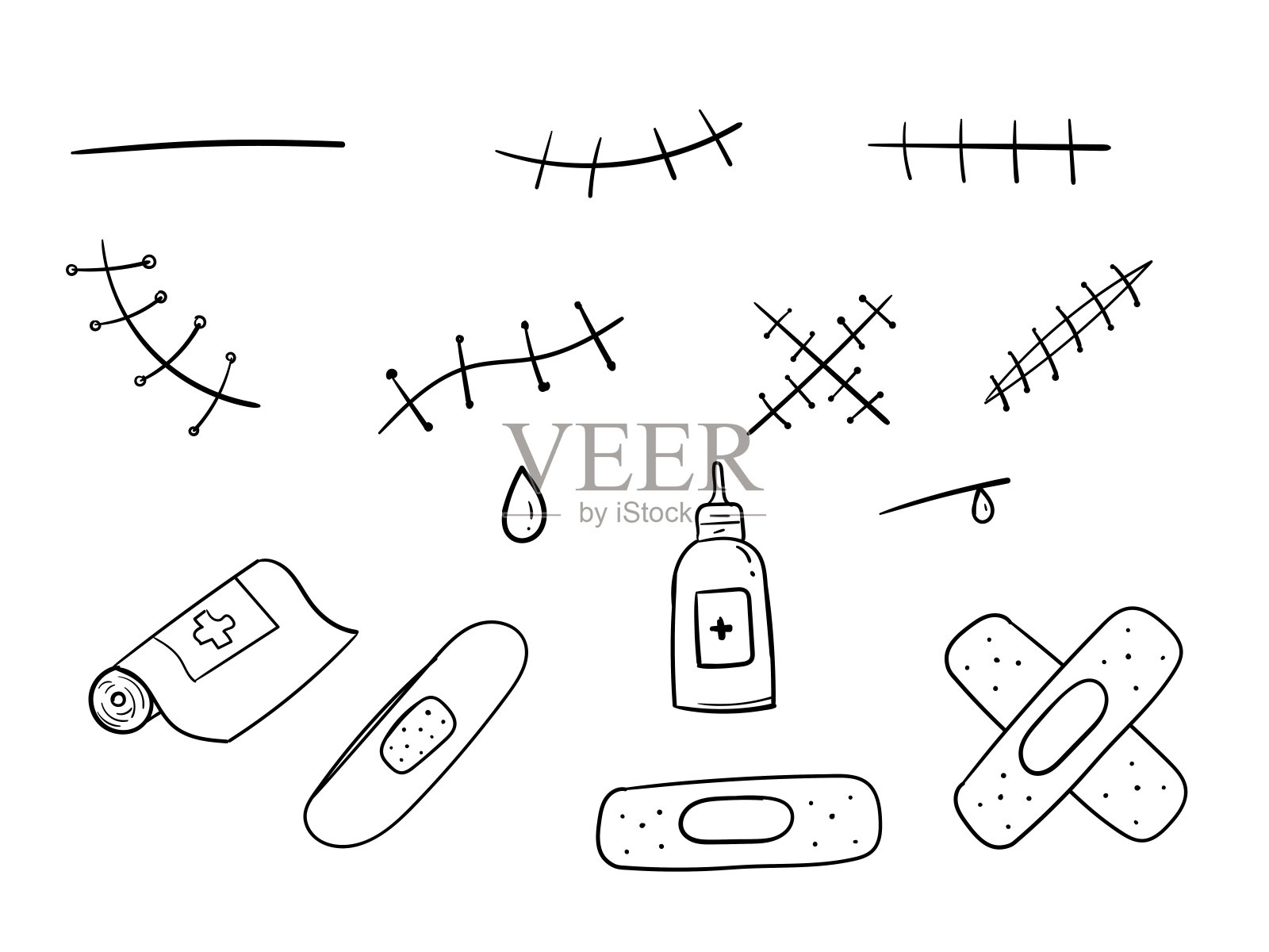 手撕绷带，粗缝，疤痕，割伤，补丁，伤口，血插画图片素材