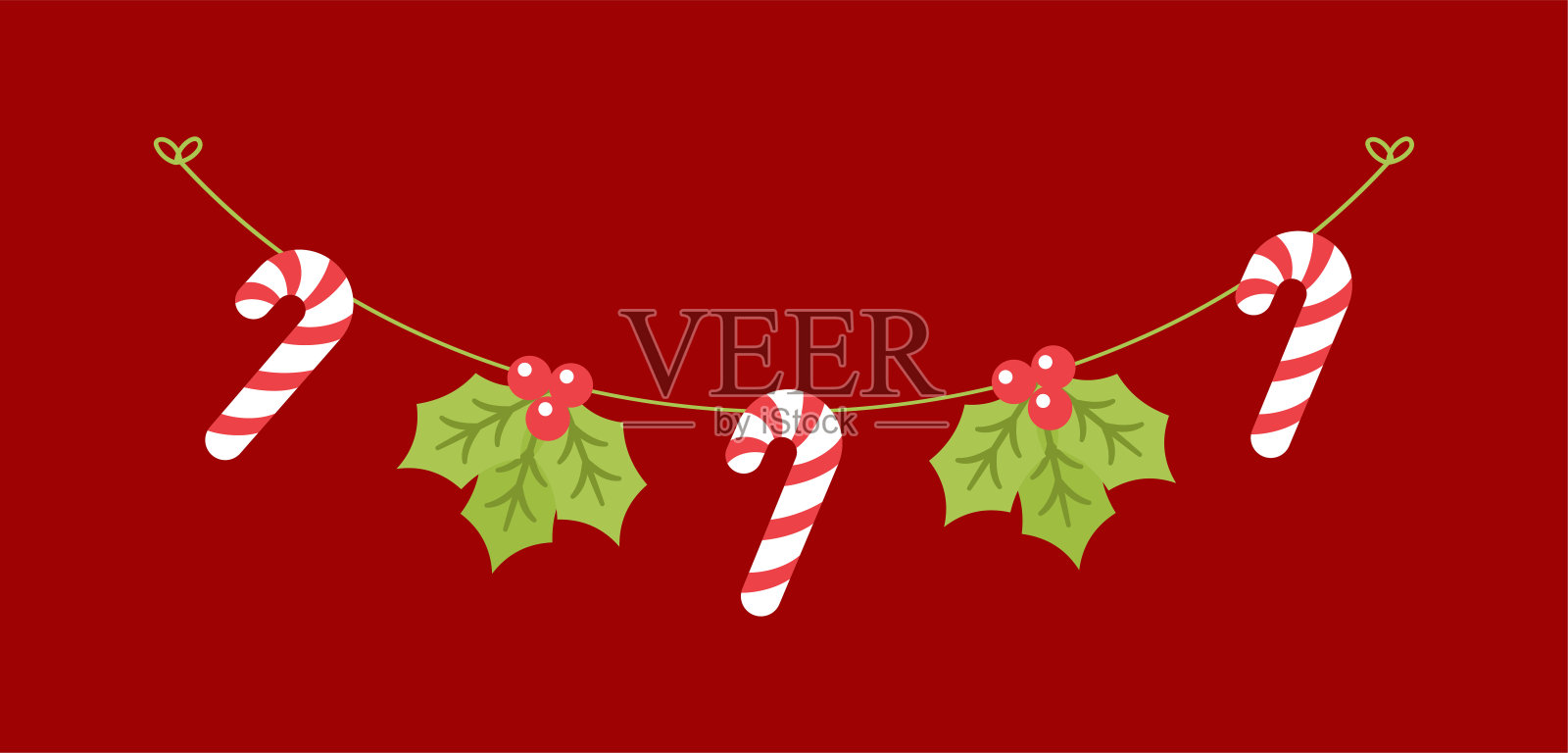 槲寄生和糖果手杖花环矢量插图，圣诞图形节日冬季假期狩猎插画图片素材