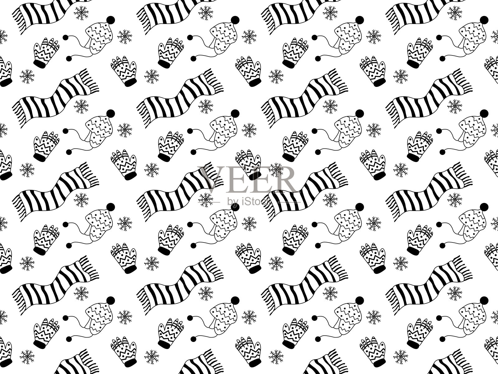无缝黑白涂鸦图案与冬衣。泡泡帽，连指手套和围巾插画图片素材