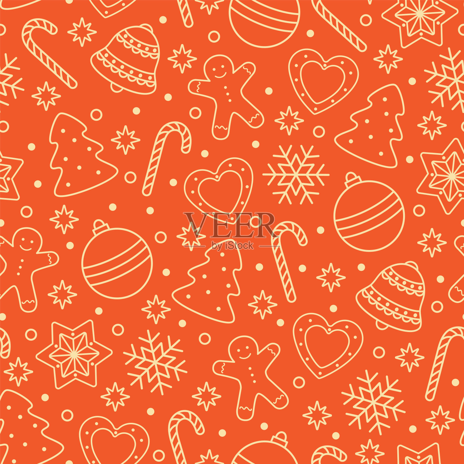 节日无缝圣诞图案。姜饼人和糖果，圣诞球，雪花，杉树在红色的背景。矢量插图。插画图片素材