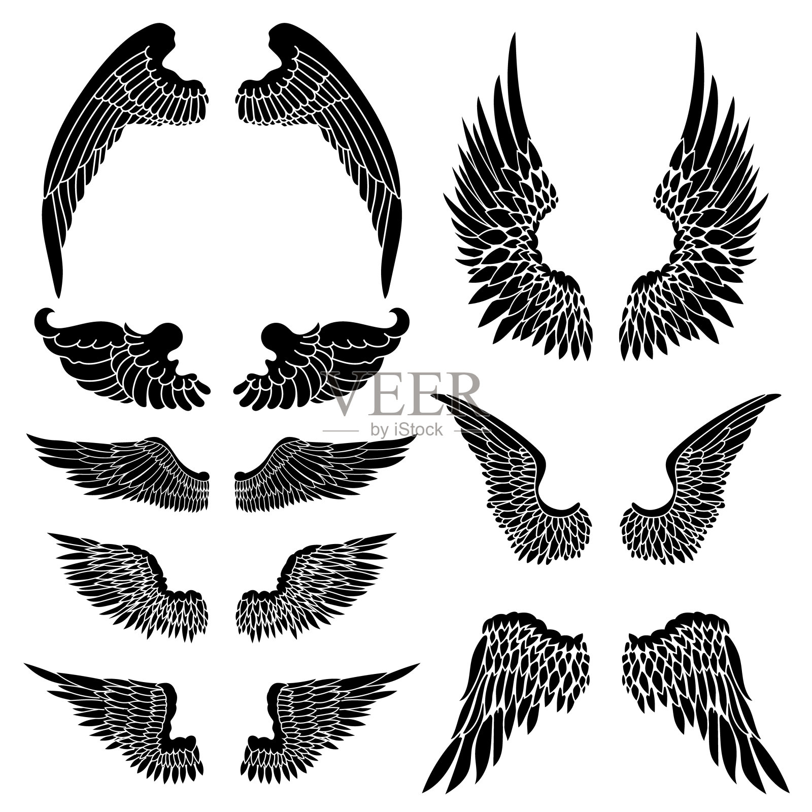 黑色和白色的鸟翅膀的插图，以纹身的方式完成。天使的翅膀。鸟翅膀的插图。插画图片素材