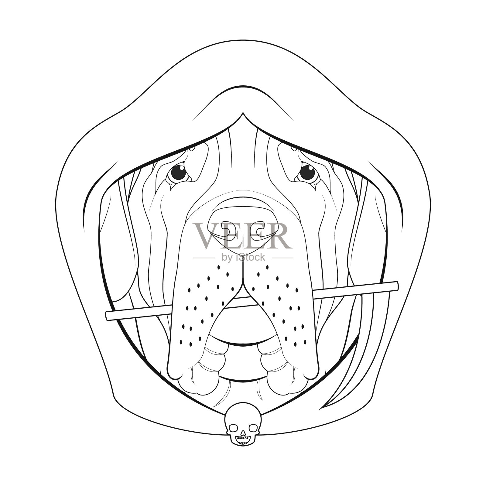 万圣节贺卡的着色。戴着兜帽，嘴里叼着一把小镰刀的英国獒犬插画图片素材