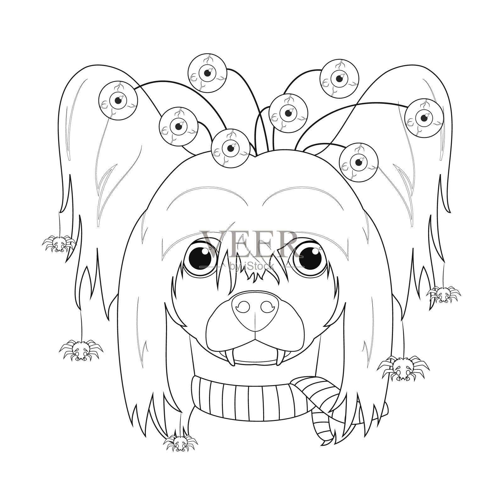 万圣节贺卡的着色。中国冠毛狗穿着可怕的眼睛，几只蜘蛛从头发和围巾上掉下来插画图片素材