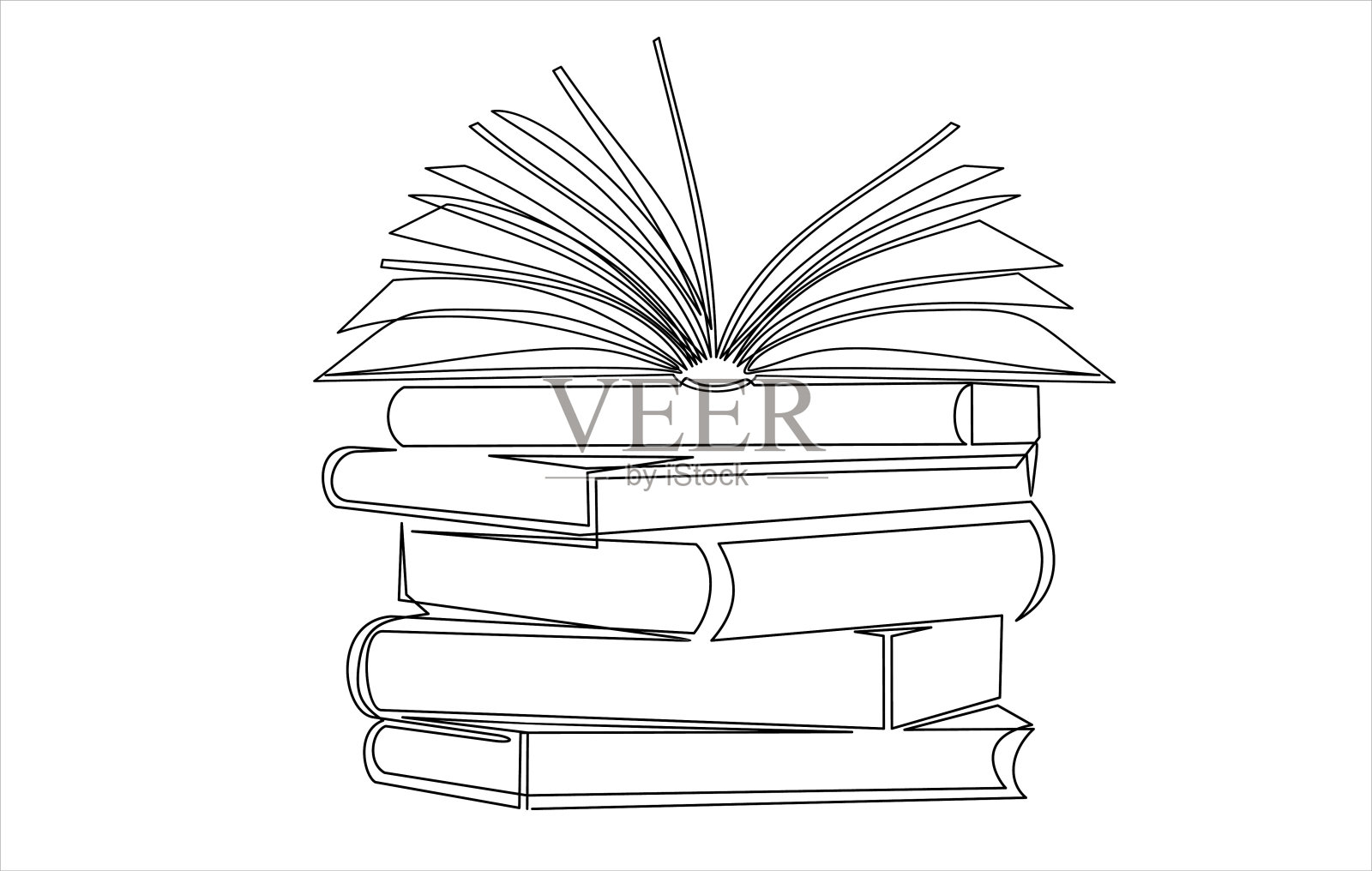 在白色背景上，连续的单线绘制书籍堆栈极简矢量插图设计。孤立的简单线条现代图形风格。手绘图形概念教育插画图片素材