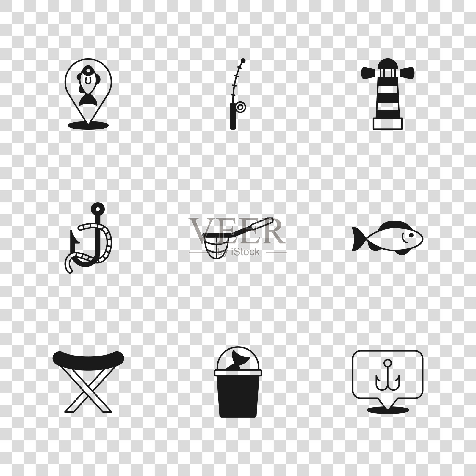 设置带有鱼钩网灯塔的捕鱼桶插画图片素材