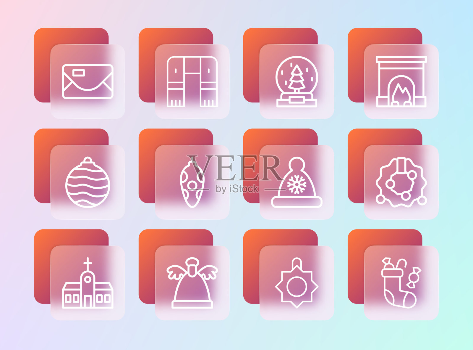 设置线内壁炉天使圣诞老人插画图片素材