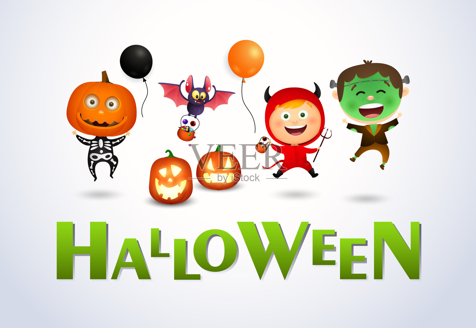 万圣节的字母和快乐的孩子穿着插画图片素材