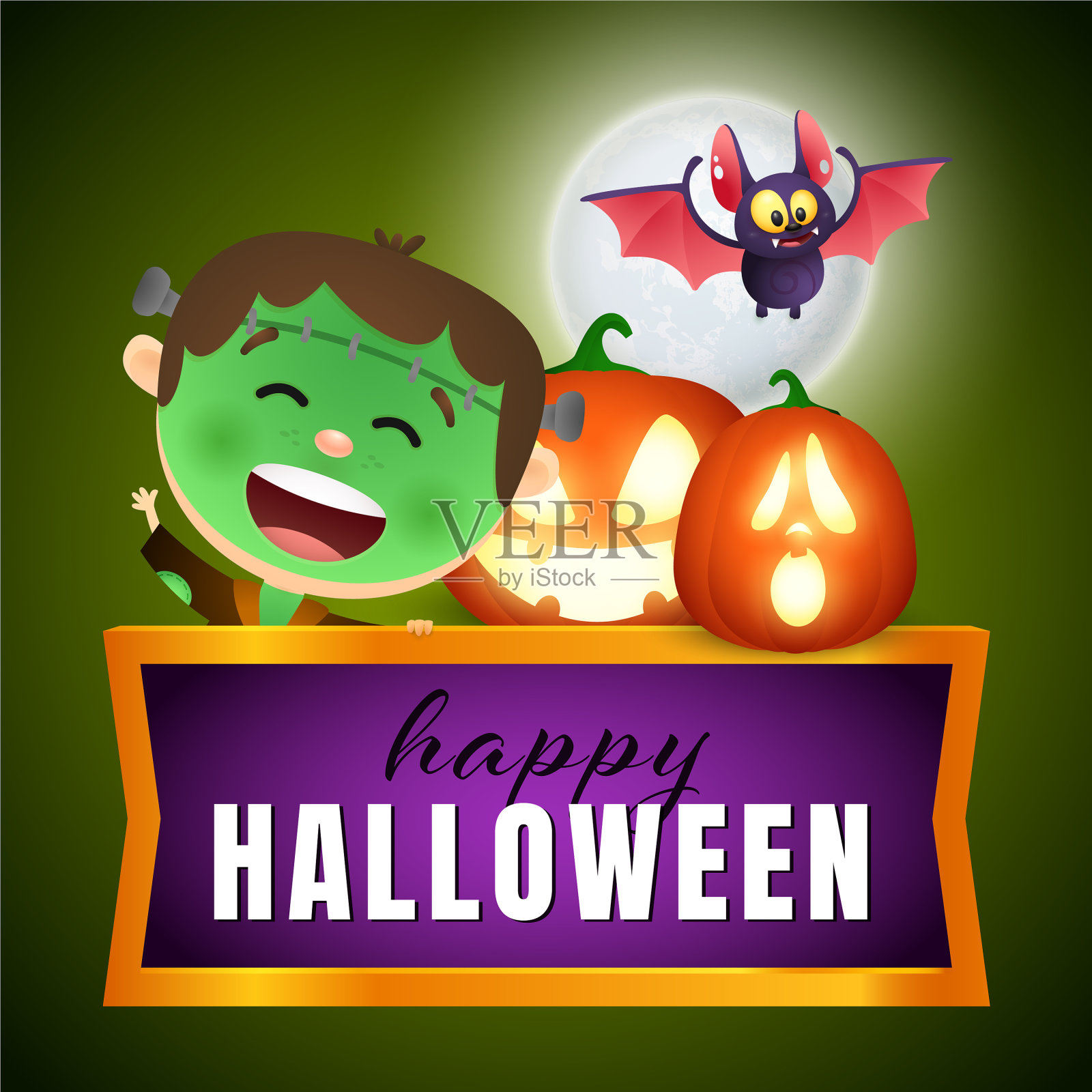 万圣节快乐明信片设计与僵尸蝙蝠插画图片素材