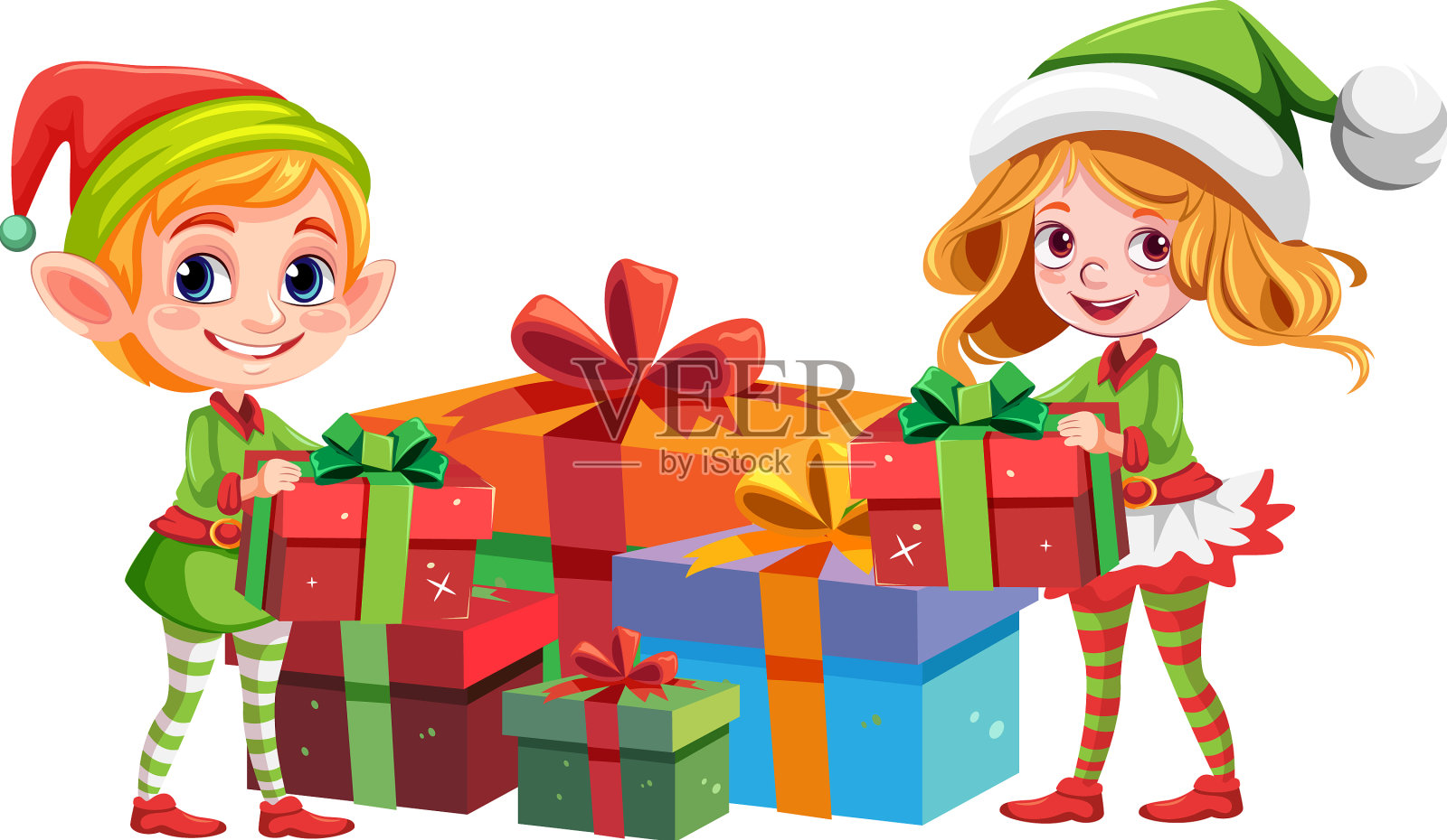 可爱的夫妇穿着精灵服装，拿着圣诞礼物设计元素图片