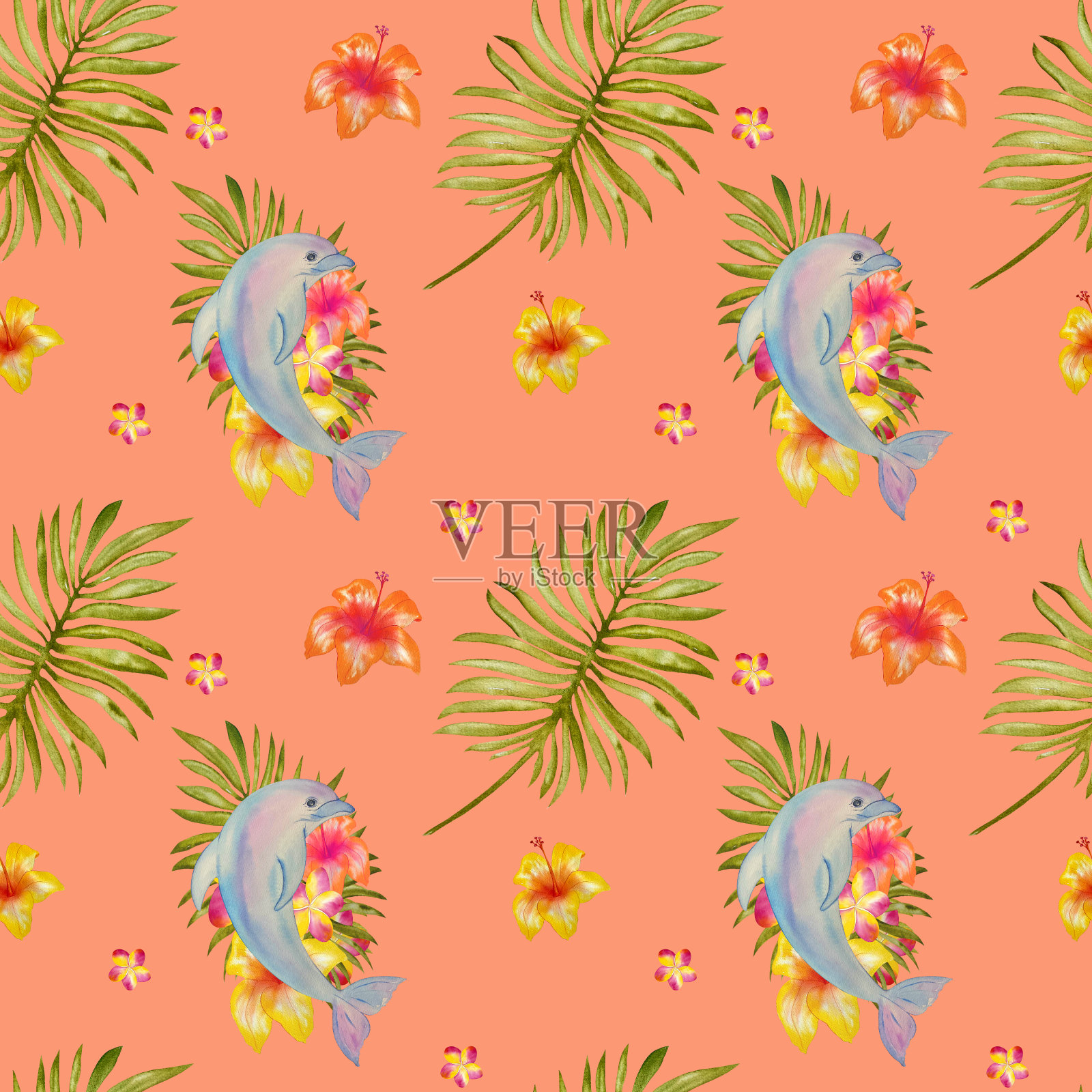 无缝图案水彩插图与海豚和热带花卉和贝壳。插画图片素材