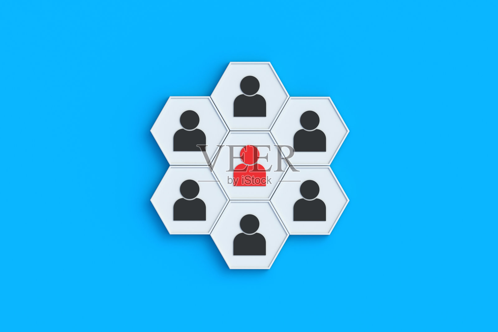 他是自己人中的一个陌生人。团队中的敌人。不可靠的员工。间谍活动的概念。把间谍引入公司。六边形上的人类图标。三维渲染照片摄影图片