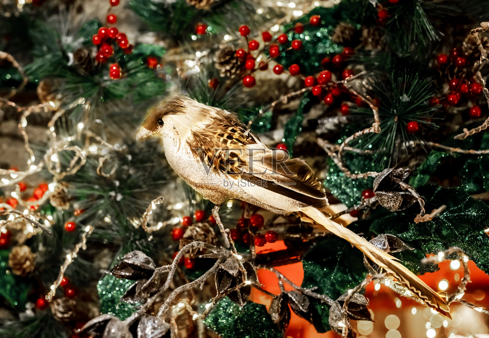 圣诞假期在冷杉树枝上可爱的小鸟玩具照片摄影图片