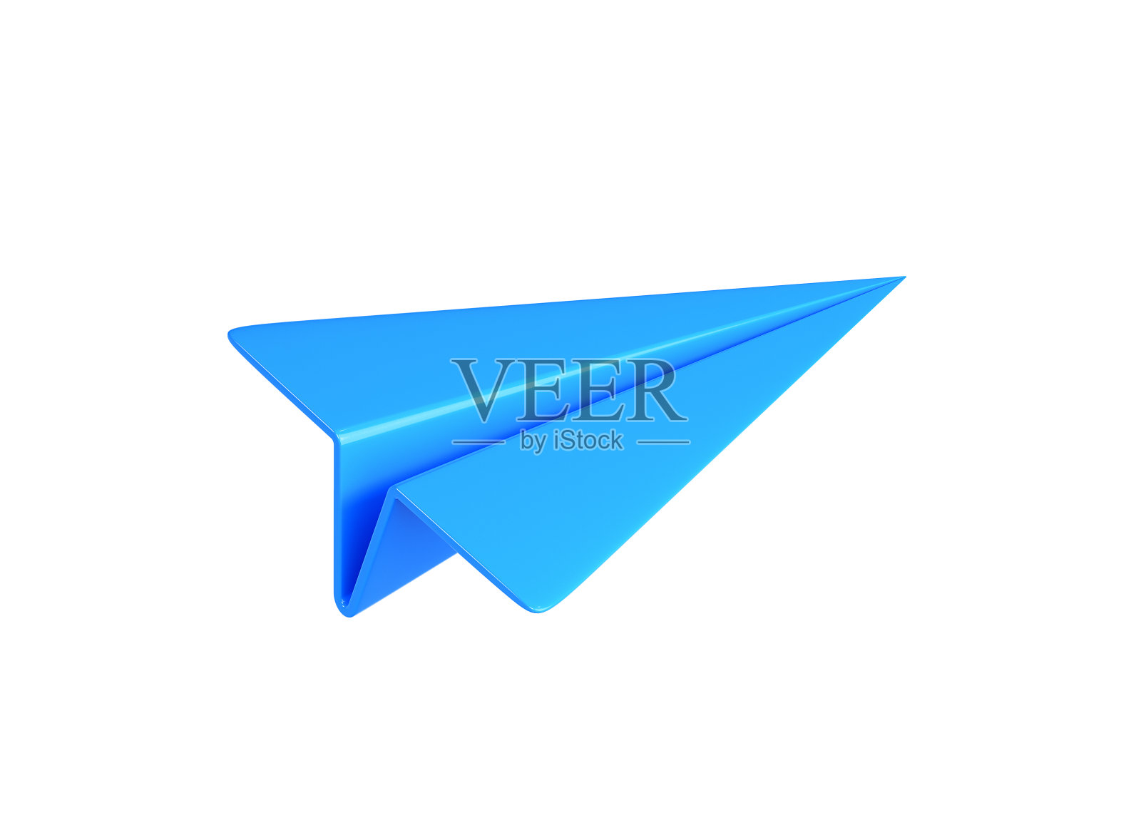 一个蓝色的简单折叠纸飞机飞行图标在浅色背景。三维演示照片摄影图片