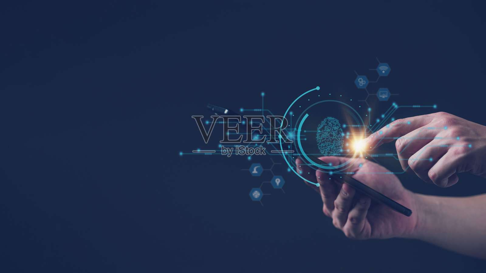 商人扫描指纹生物识别身份并批准。通过有效的指纹扫描授予安全访问，数字程序未来应用网络安全控制业务照片摄影图片