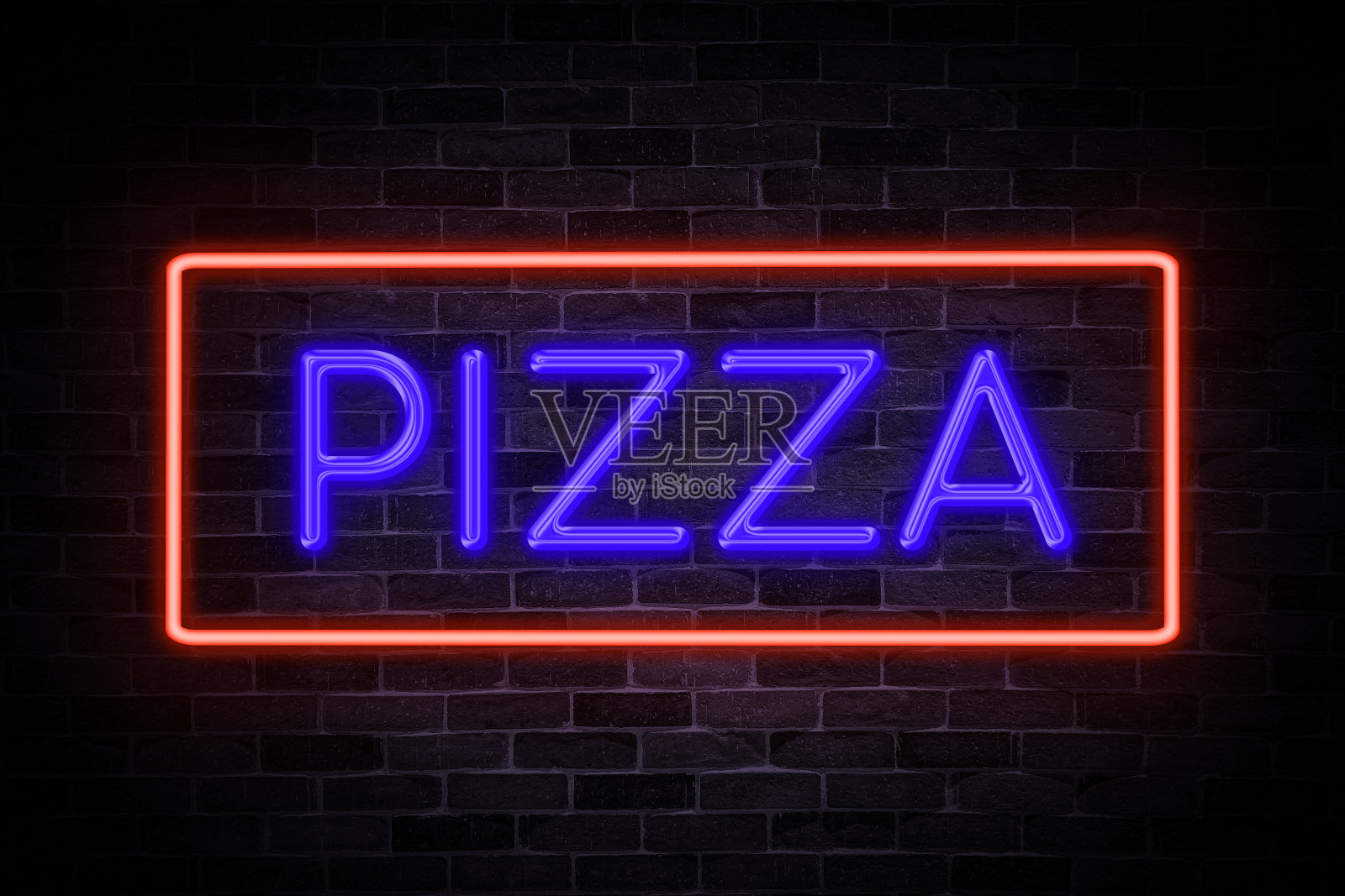 披萨霓虹灯横幅在砖墙背景。照片摄影图片