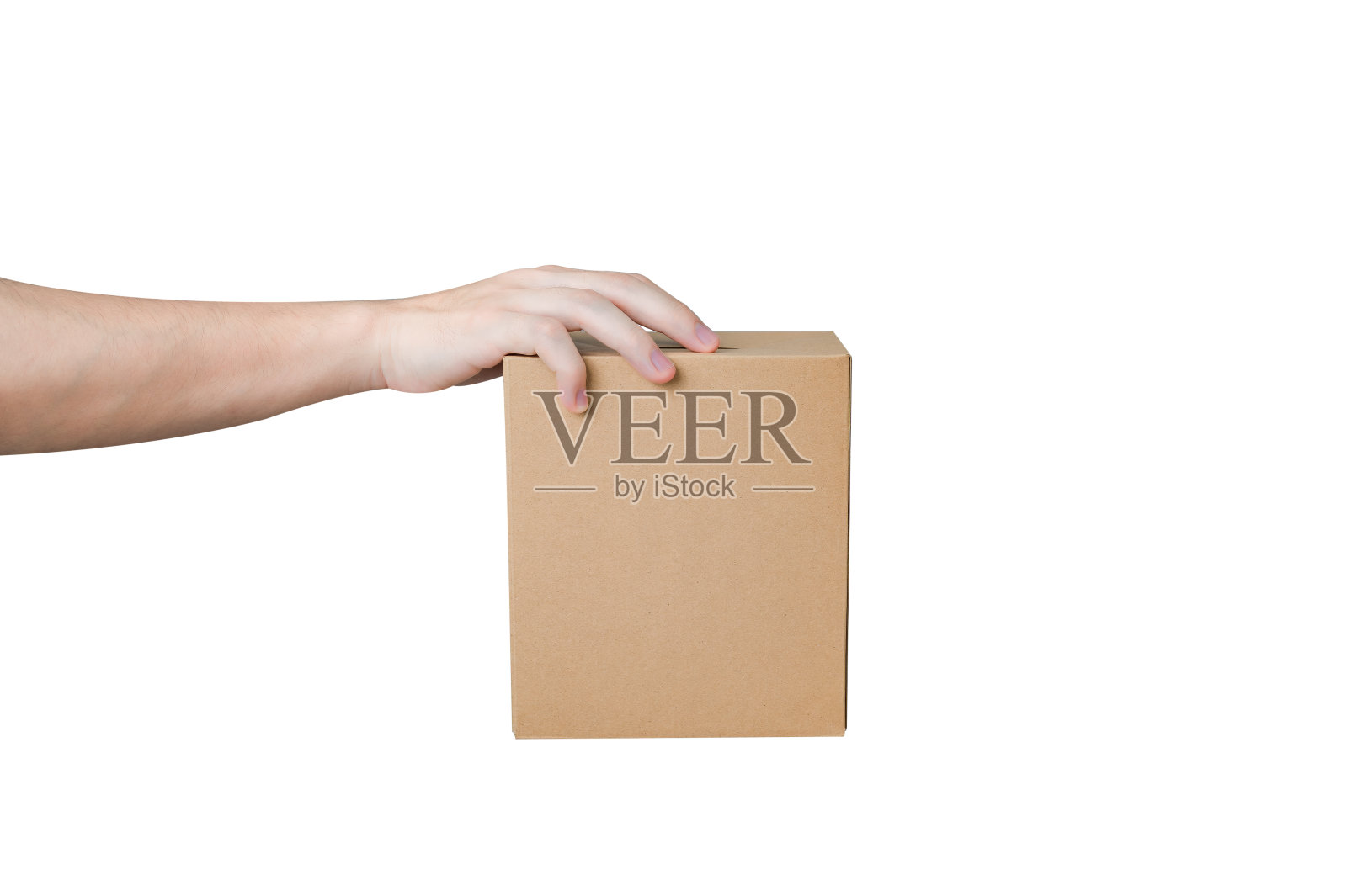 手持包裹盒孤立在白色背景。照片摄影图片