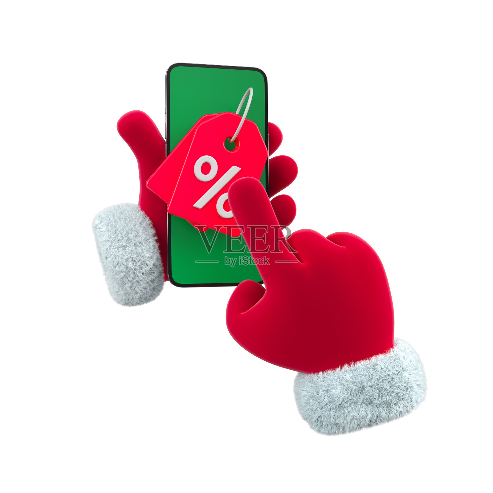 新年红手指着绿色屏幕上的价格百分比标签的手机。圣诞节和新年活动的概念。促销活动或促销大折扣的概念。3 d渲染。照片摄影图片