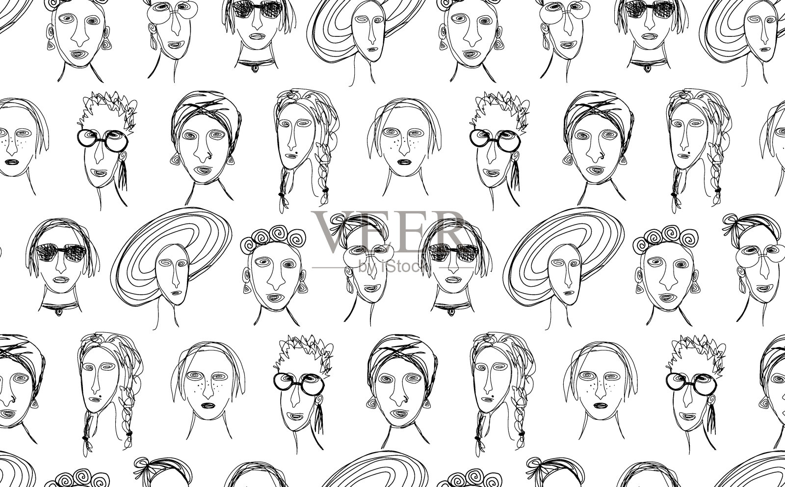 黑人和白人女孩的力量无缝模板图案多样的女性面孔插画图片素材