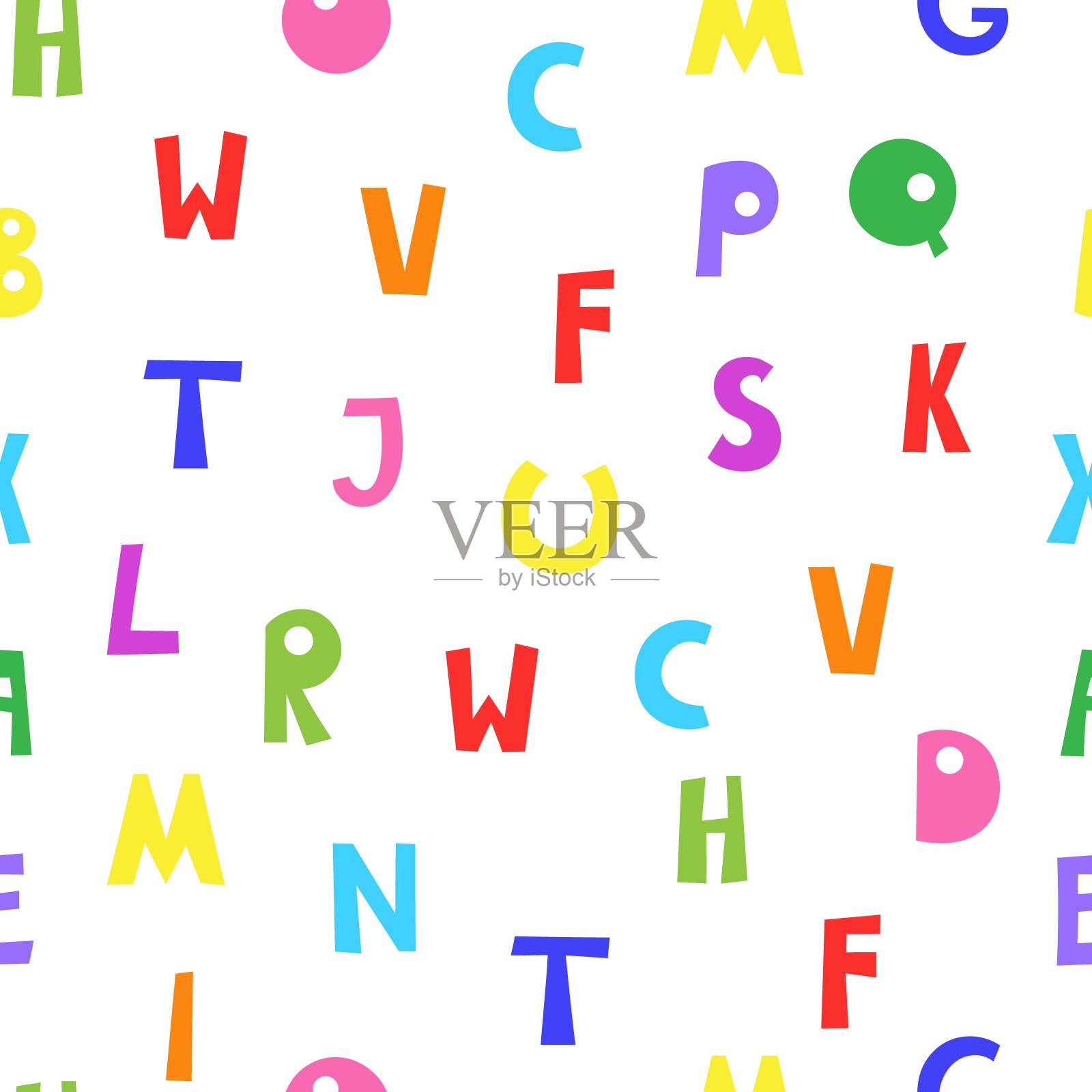 涂鸦俏皮的大写英文字母无缝图案，abc彩色卡通搞笑风格矢量插图，彩色手写字体字母，符号，可爱新潮的礼品纸插画图片素材