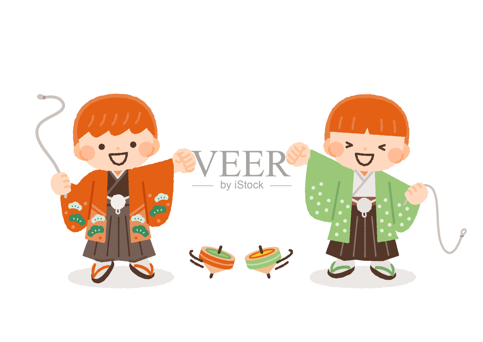 两个男孩穿着和服玩相框的插画素材插画图片素材