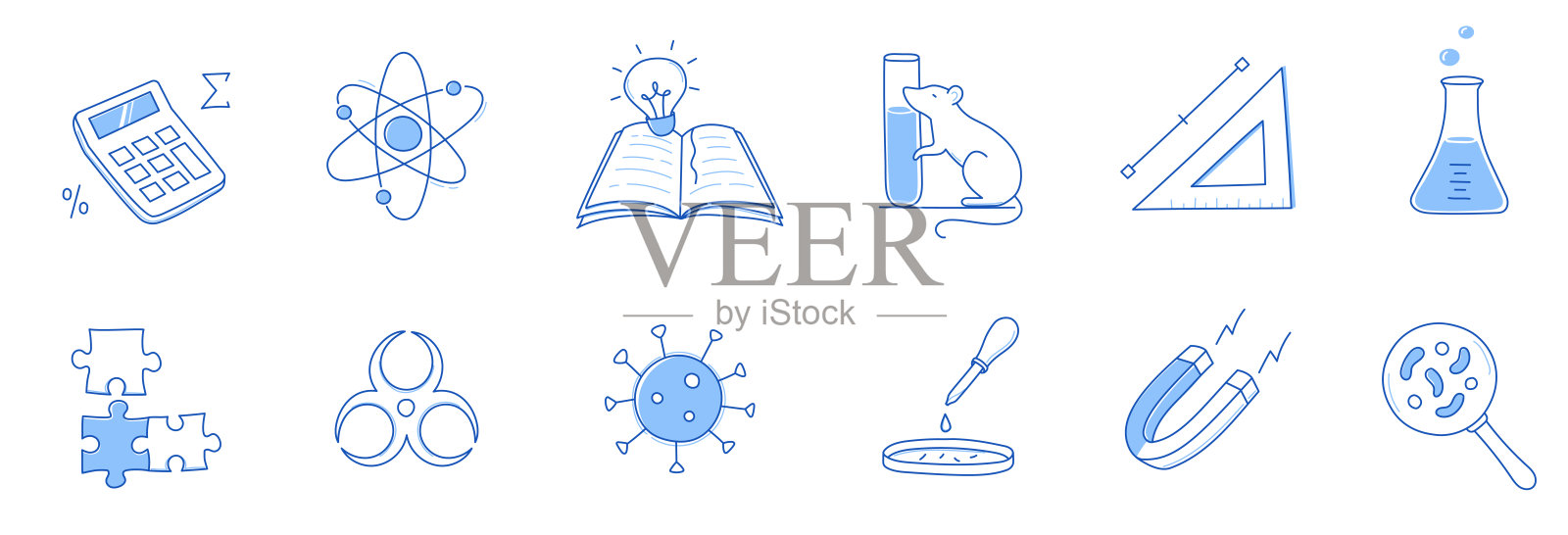 实验室涂鸦图标集。手绘素描线条涂鸦式科学教育，化学实验室，医学实验图标。显微镜，原子，磁铁轮廓元件。向量插画图片素材