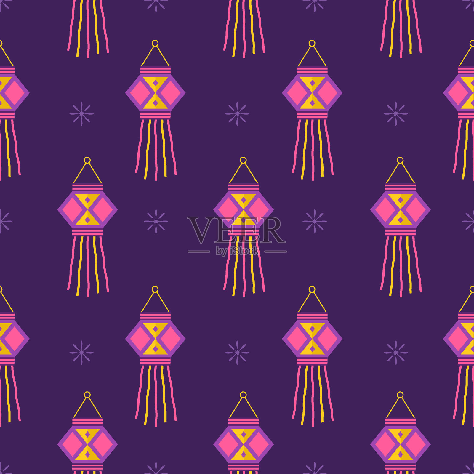 排灯节无缝图案。印度节日的可爱背景。印度的灯节。矢量插图在平面卡通风格。适用于织物、包装纸、壁纸、贺卡等插画图片素材