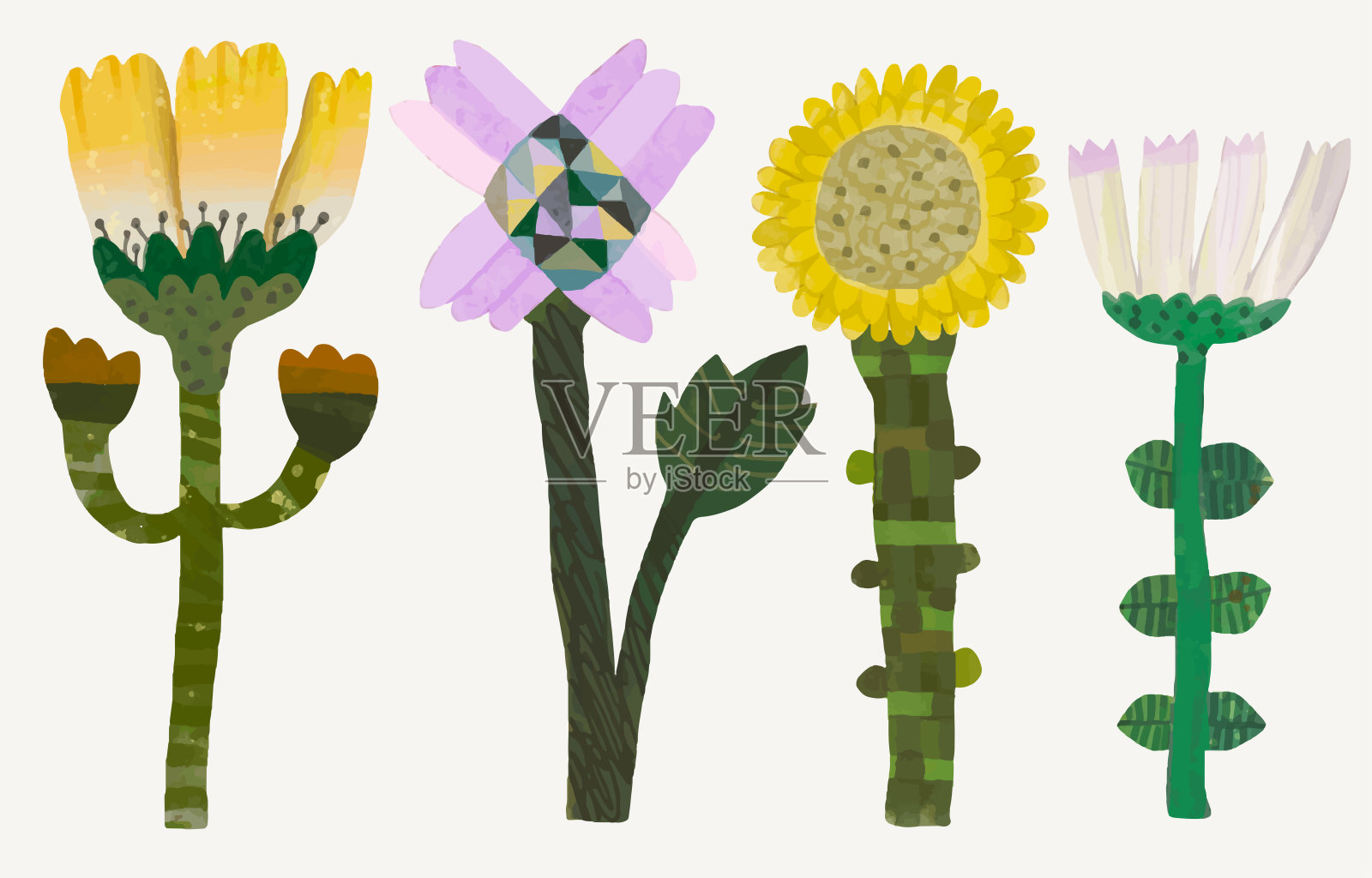 水彩花和叶子，矢量插图集合。可爱的天性。孤立的白色背景，手绘，花插画图片素材