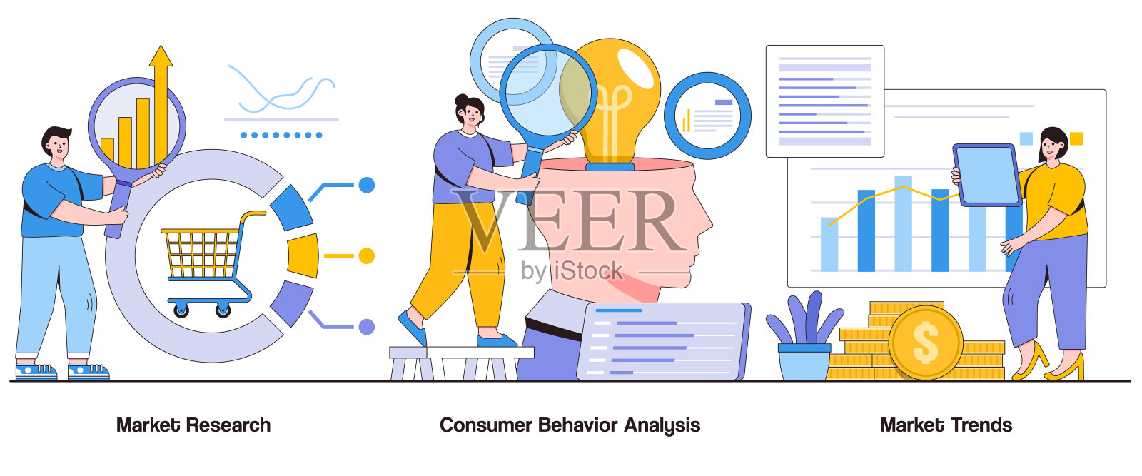 市场调研，消费者行为分析，市场趋势概念与性格。市场洞察抽象向量插图集。顾客偏好，市场机会隐喻插画图片素材