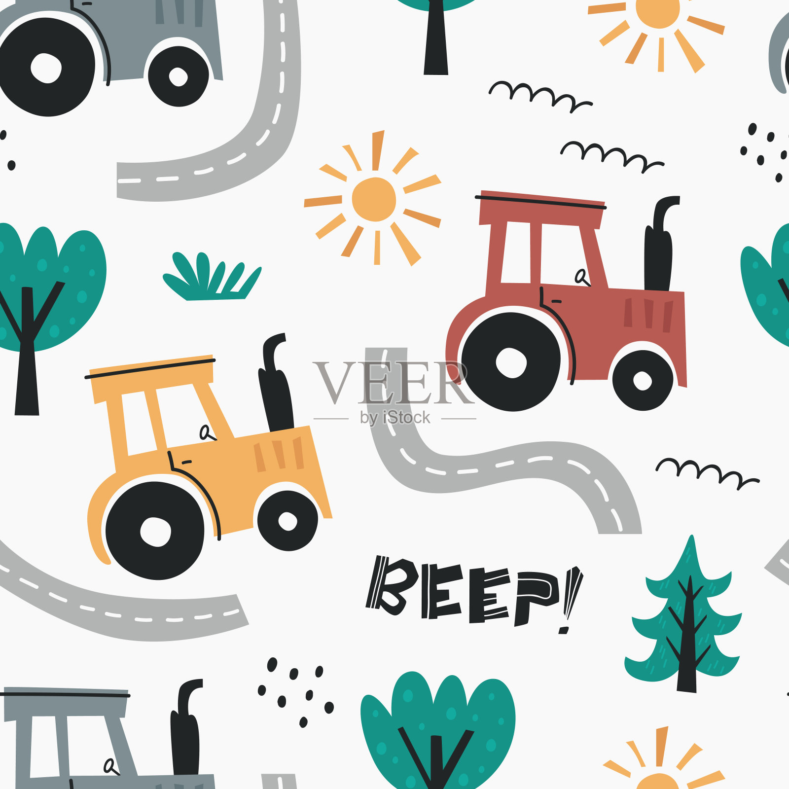 矢量无缝图案与可爱的拖拉机。插画图片素材