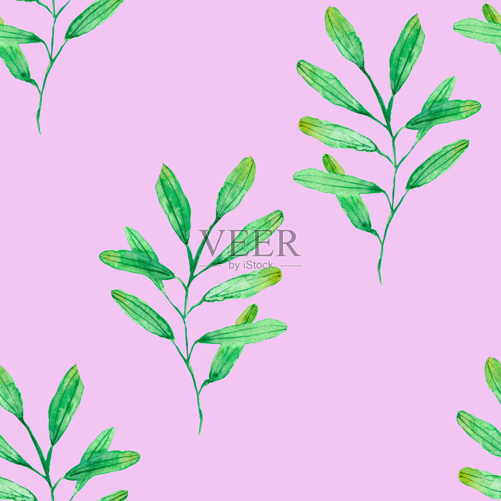 水彩画，无缝图案与绿叶和树枝插画图片素材