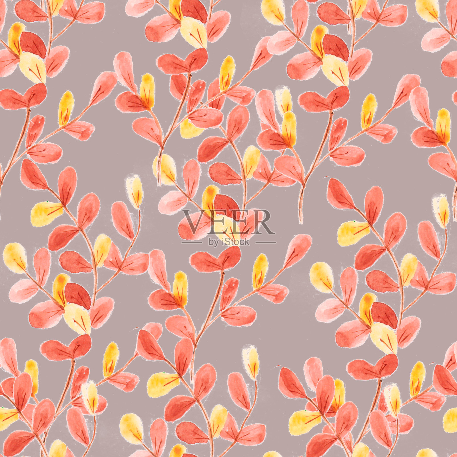 水彩画，无缝图案与黄色和棕色的树叶和树枝插画图片素材