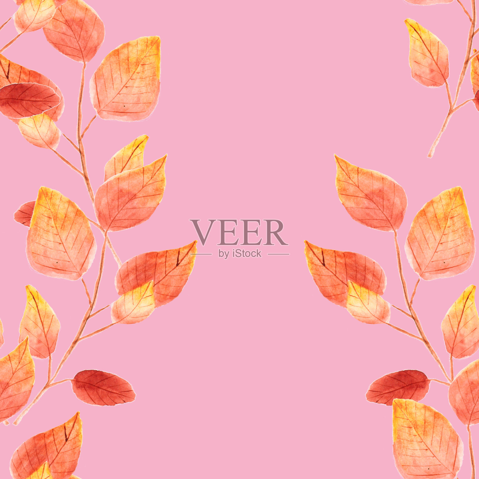 水彩画，无缝图案与黄色和棕色的树叶和树枝插画图片素材