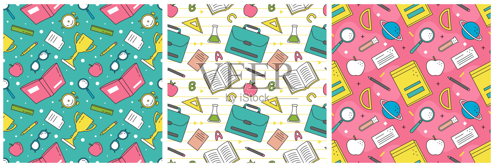 一套快乐的老师无缝图案设计教育风格元素模板手绘卡通平面插图插画图片素材