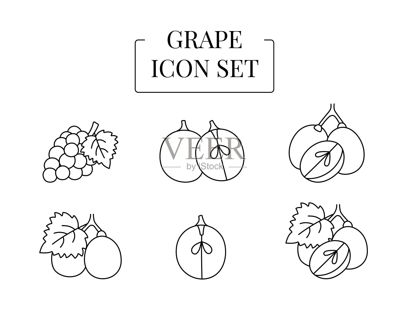 浆果葡萄整个和一半，切成片，在矢量设置线图标插画图片素材