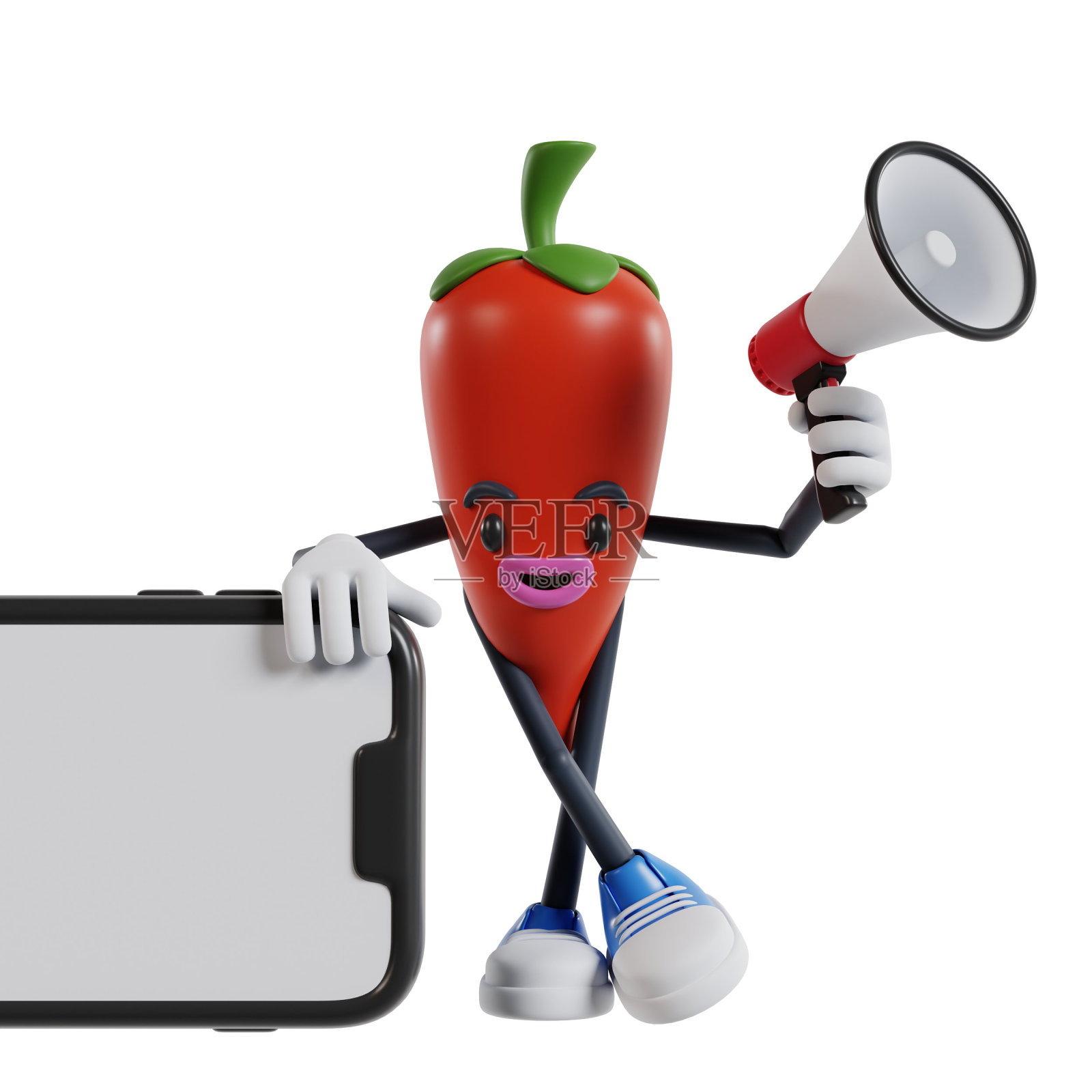 3d卡通辣椒人物靠在手持扩音器的风景手机上照片摄影图片