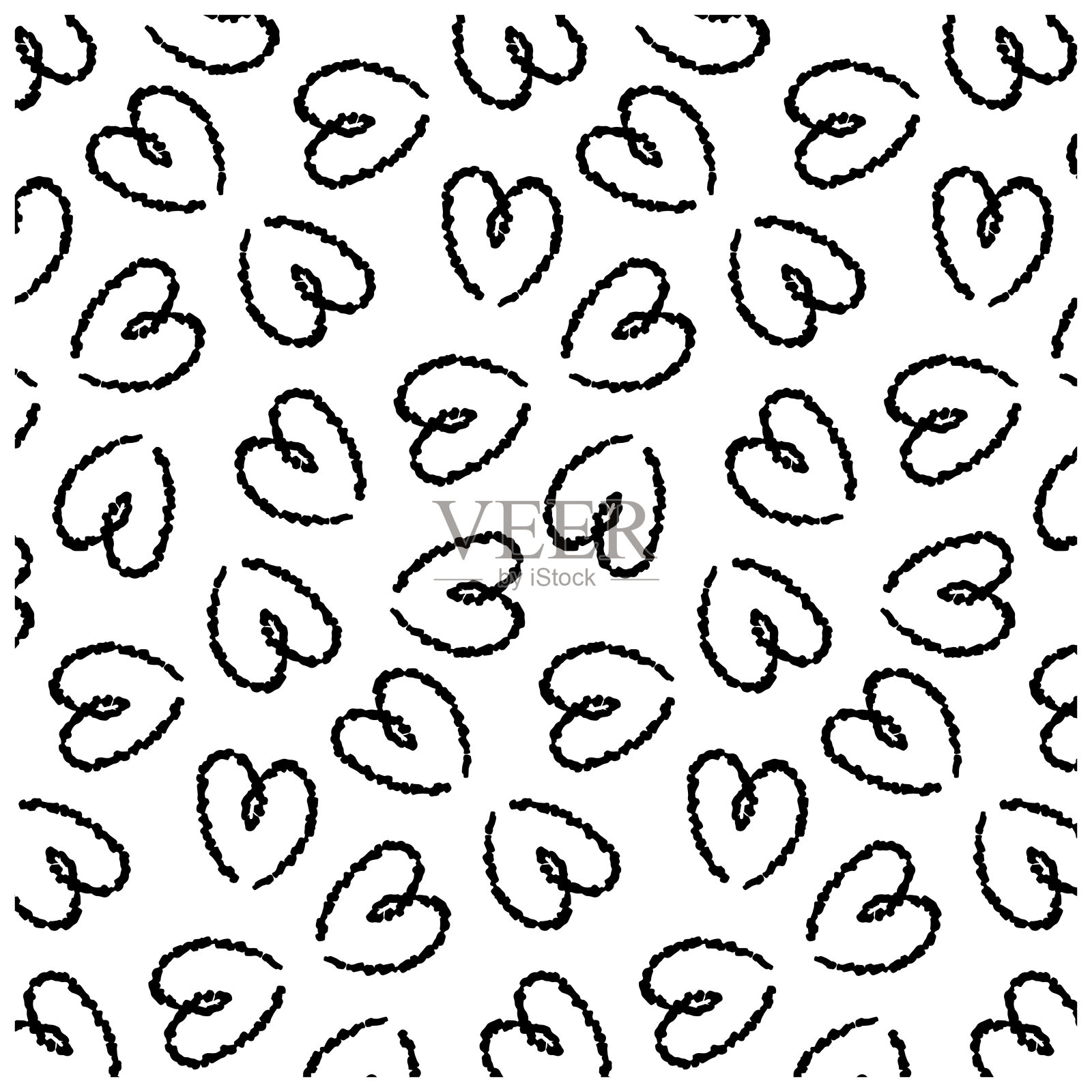 心形图案线条圆形，用毛笔绘制，设计用于纺织品和包装，爱，可爱的心形矢量，无缝图案插画图片素材