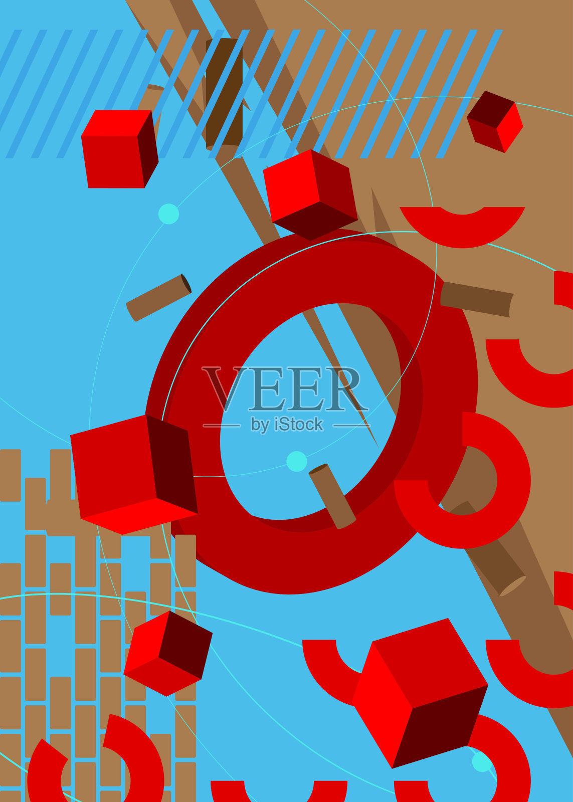 蓝色，红色和棕色几何图形形状复古主题封面模板。复古的最小几何元素。插画图片素材