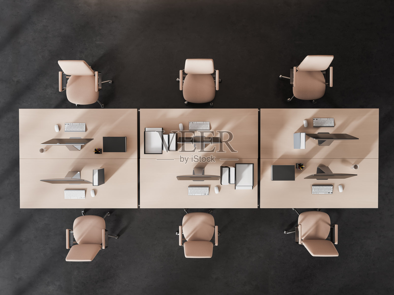 办公场所内部与pc电脑和扶手椅的俯视图照片摄影图片