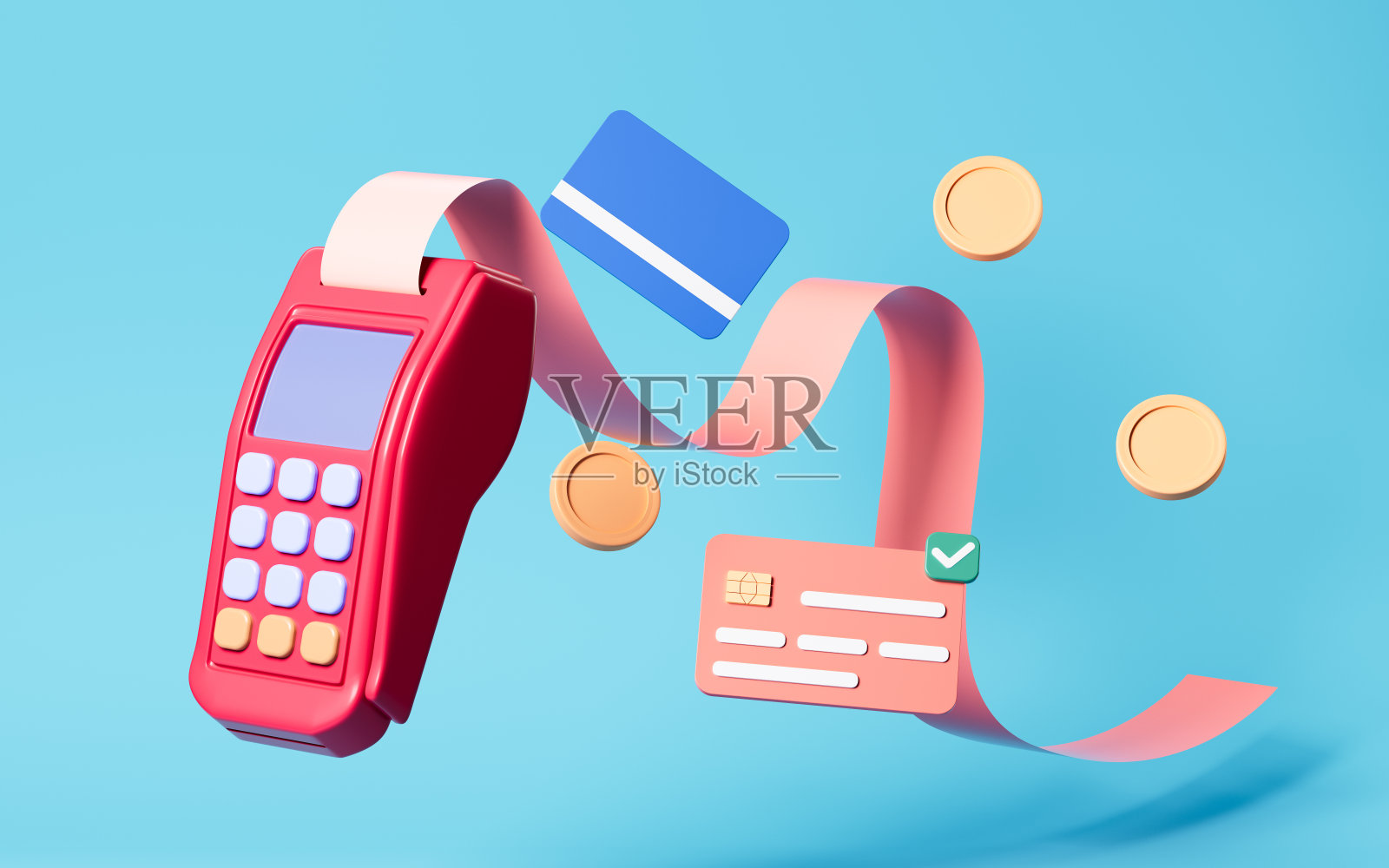 卡通pos机和银行卡，3d渲染。照片摄影图片