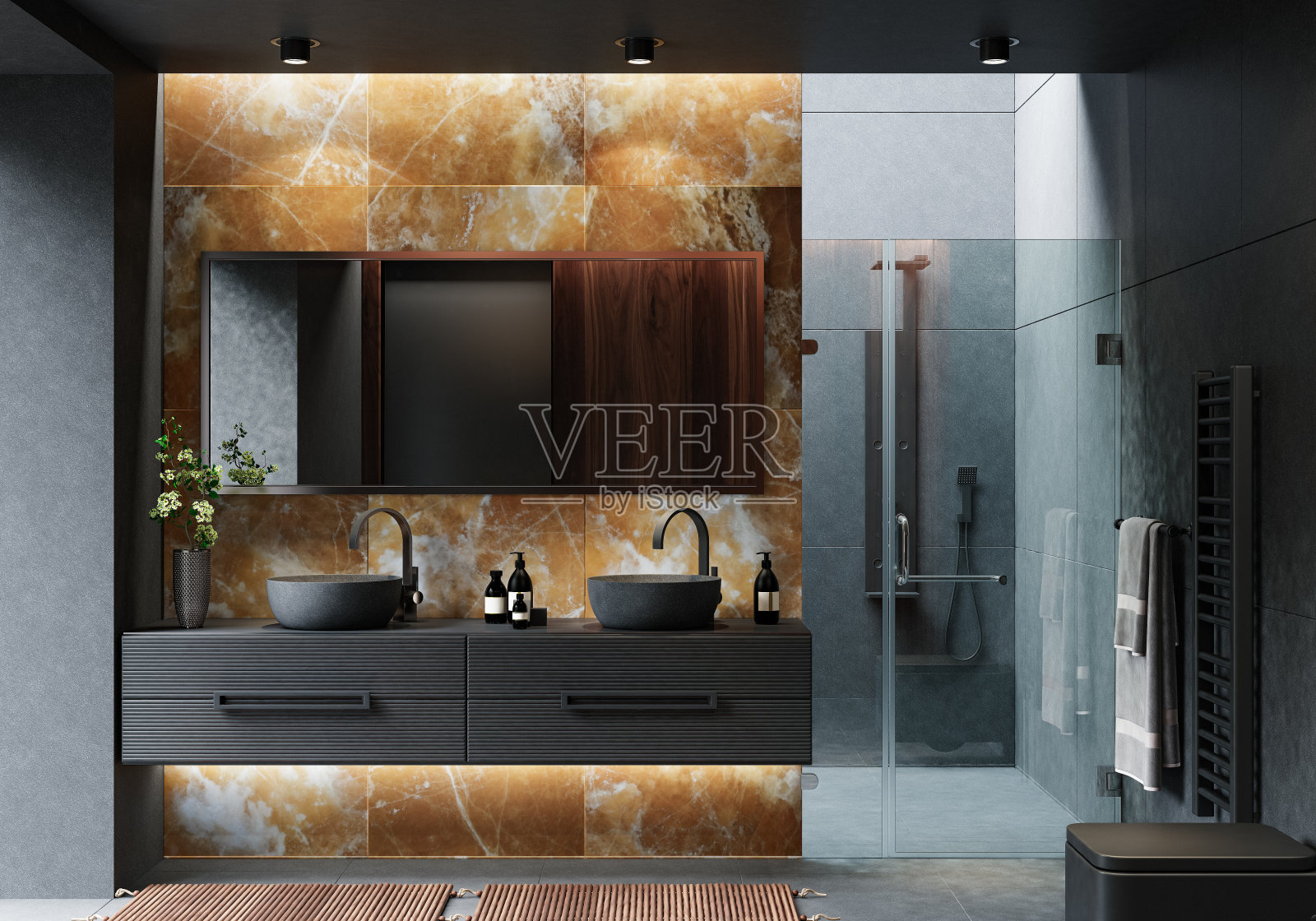 现代奢华简约的深色浴室照片摄影图片