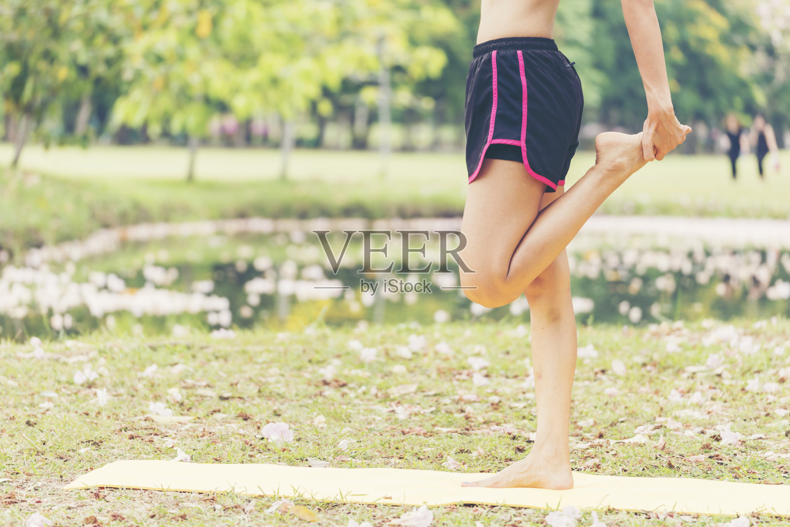 女子在绿色公园伸展双腿、手臂、身体、锻炼家庭健身。健康的女性早上在地板上锻炼。美丽的女性穿着运动服健康的生活方式。年轻女孩练习拉伸照片摄影图片