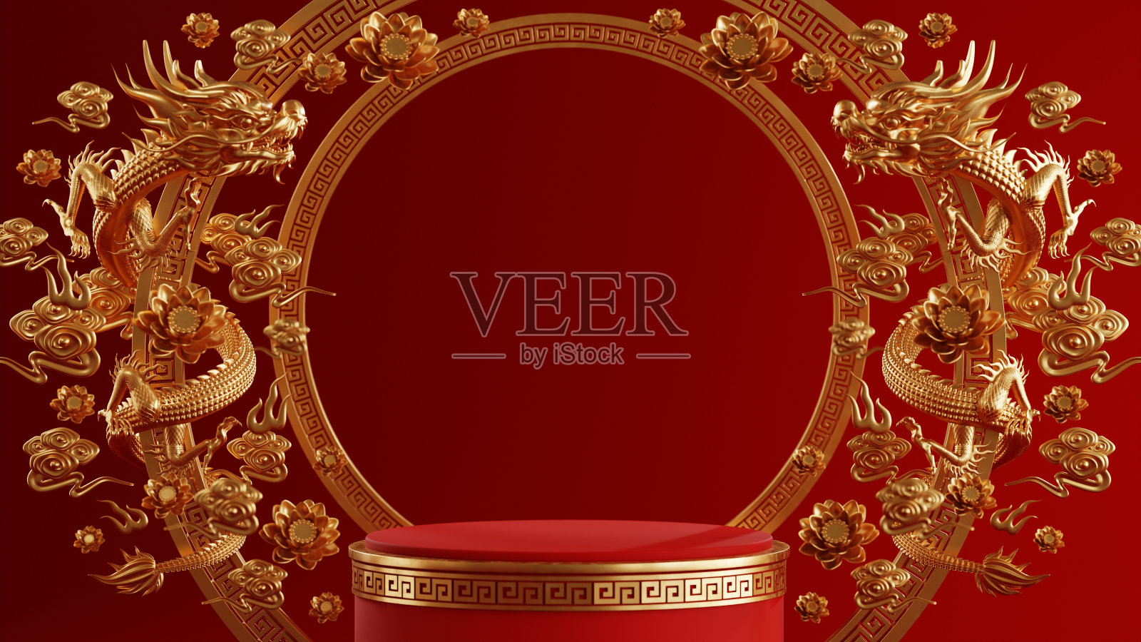 3d渲染台台圆台台台和纸艺中国新年，中国节日，中秋节，红色和金色，花卉和亚洲元素为背景。照片摄影图片