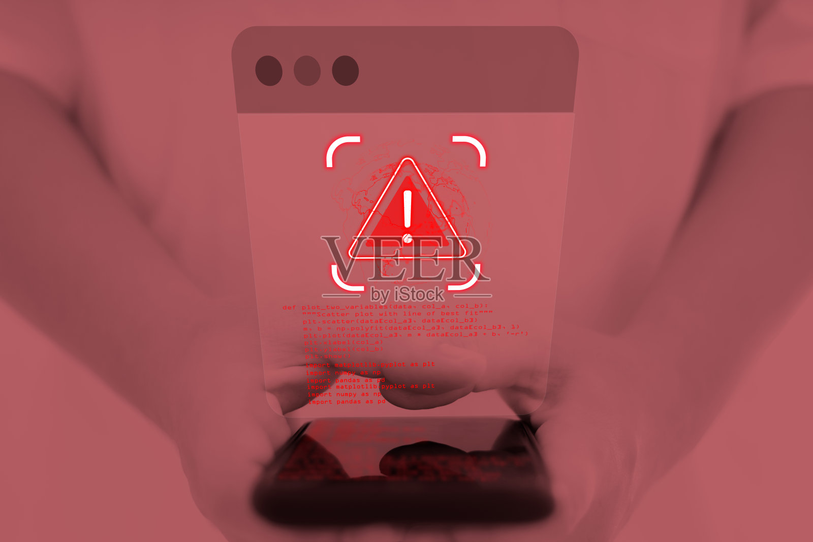 一只手正在触摸屏幕，警告由于黑客攻击而导致的异常。网络异常通知网络攻击，黑客攻击维护概念和黑客网络安全照片摄影图片