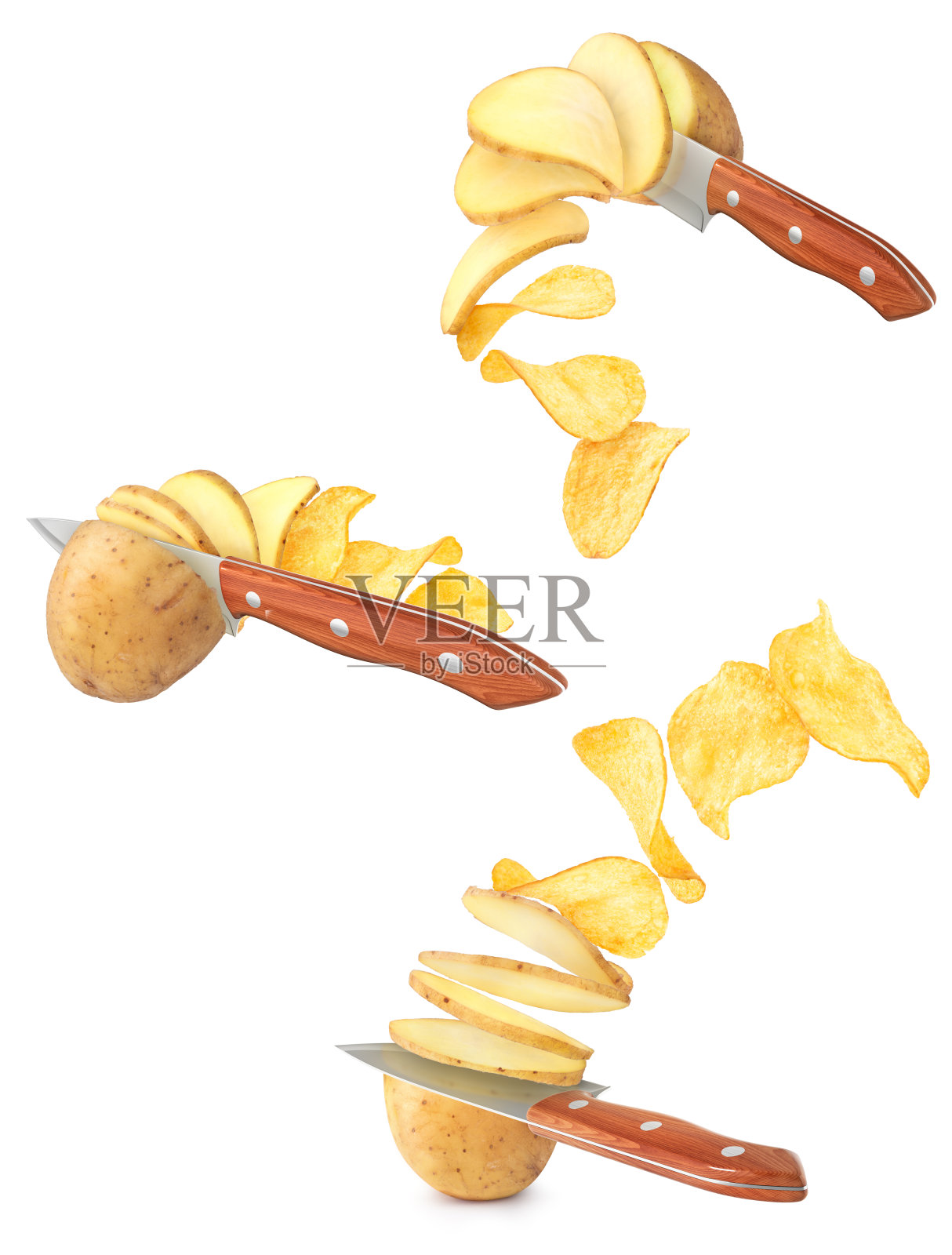 用刀切成薯片的一套土豆照片摄影图片