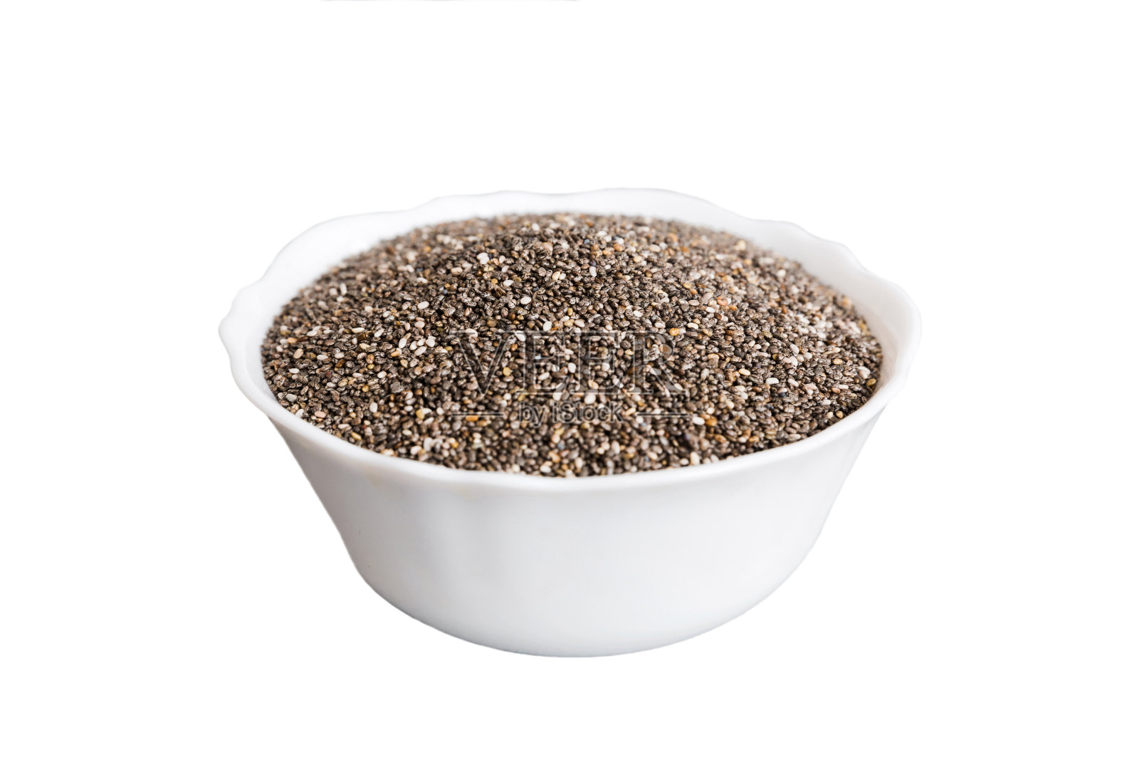 彩色背景碗里的奇亚籽。小碗里的健康鼠尾草。健康的超级食物照片摄影图片