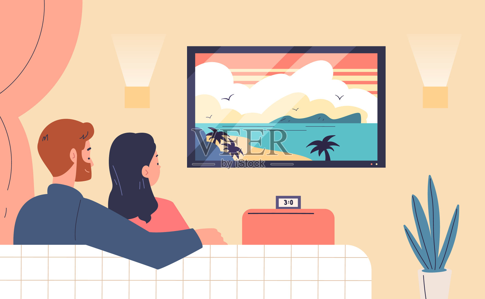情侣看电视，家庭情侣看电视插画图片素材